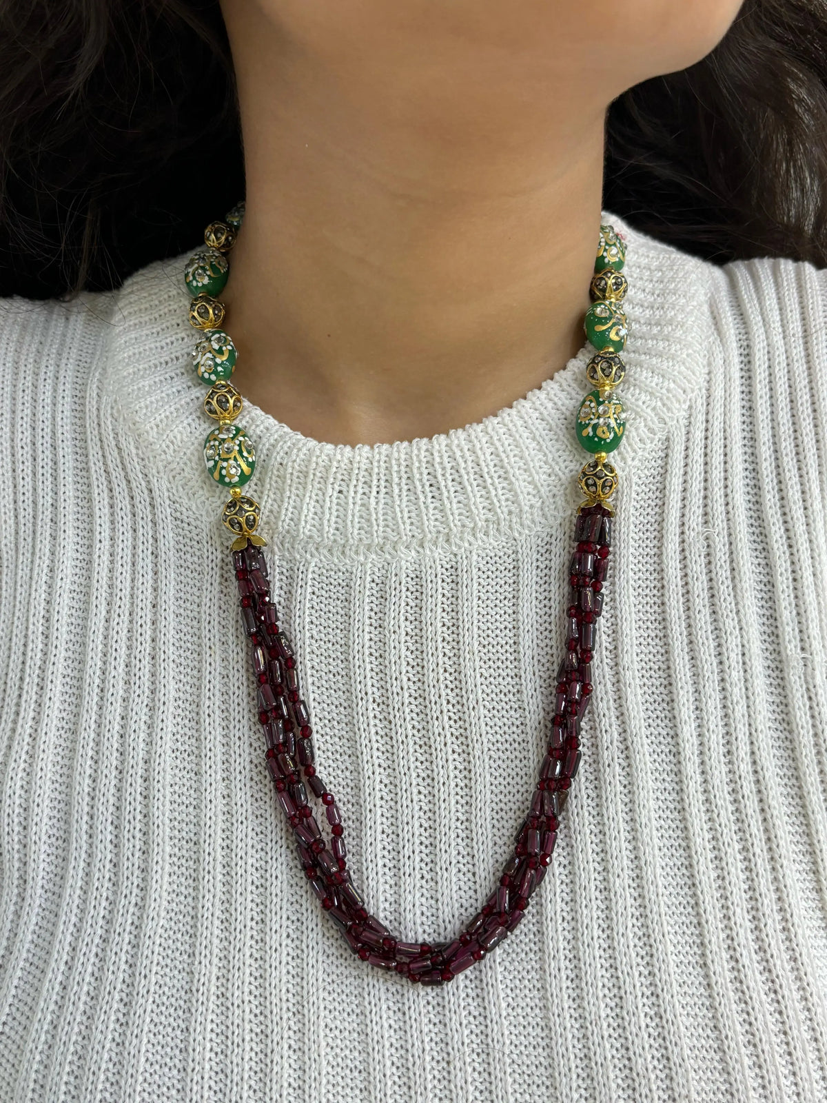 Elegant Green Tanjore And Garnet Gemstone Beaded Necklace Set For Women