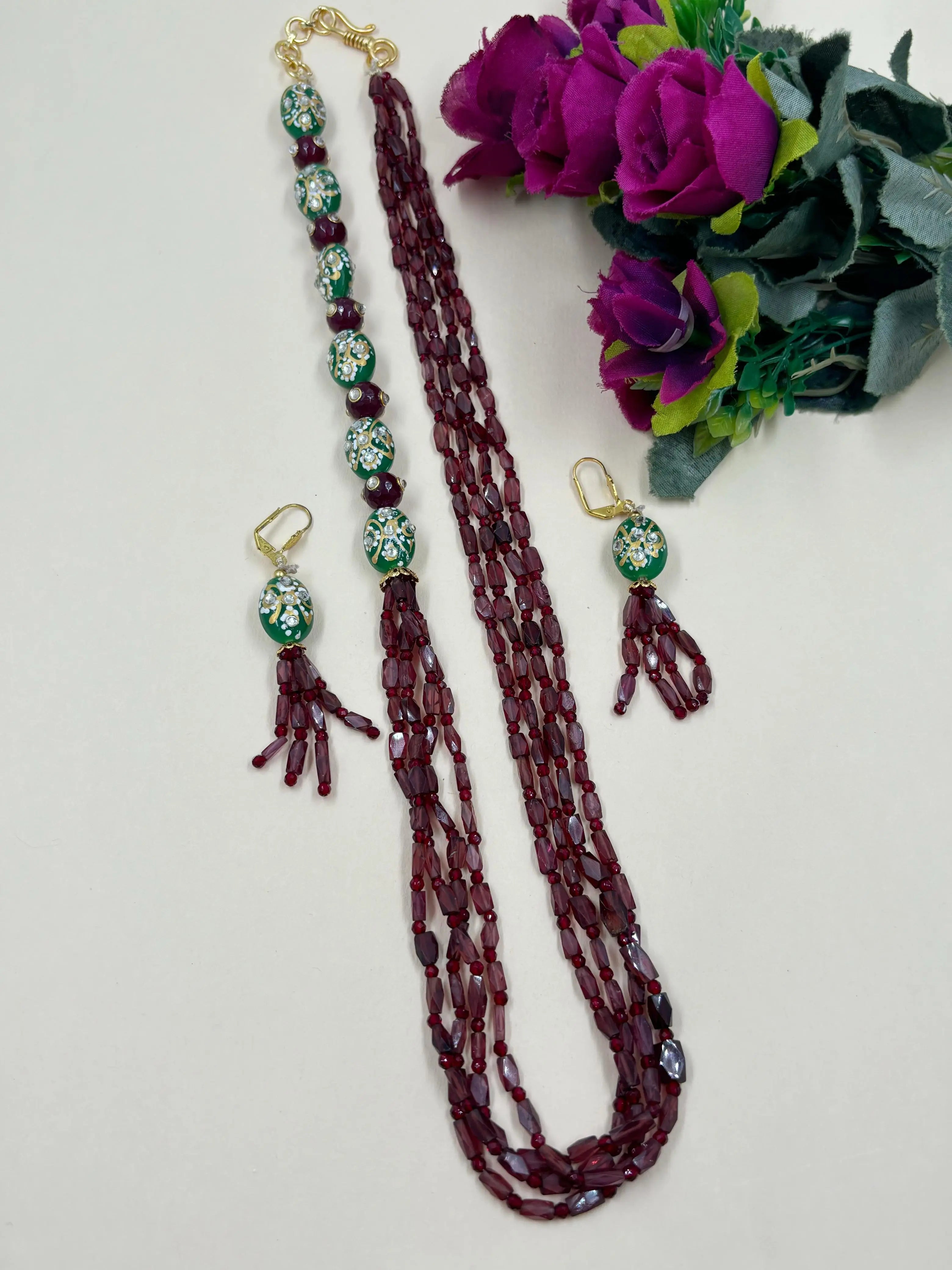 Designer Semi Precious Gemstone Garnet Side Pattern Beads Jewellery Necklace Set online for women