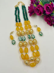 Designer Handcrafted Gemstone Statement double layered Yellow Jade Beaded Necklace Set with golden beads online for women 