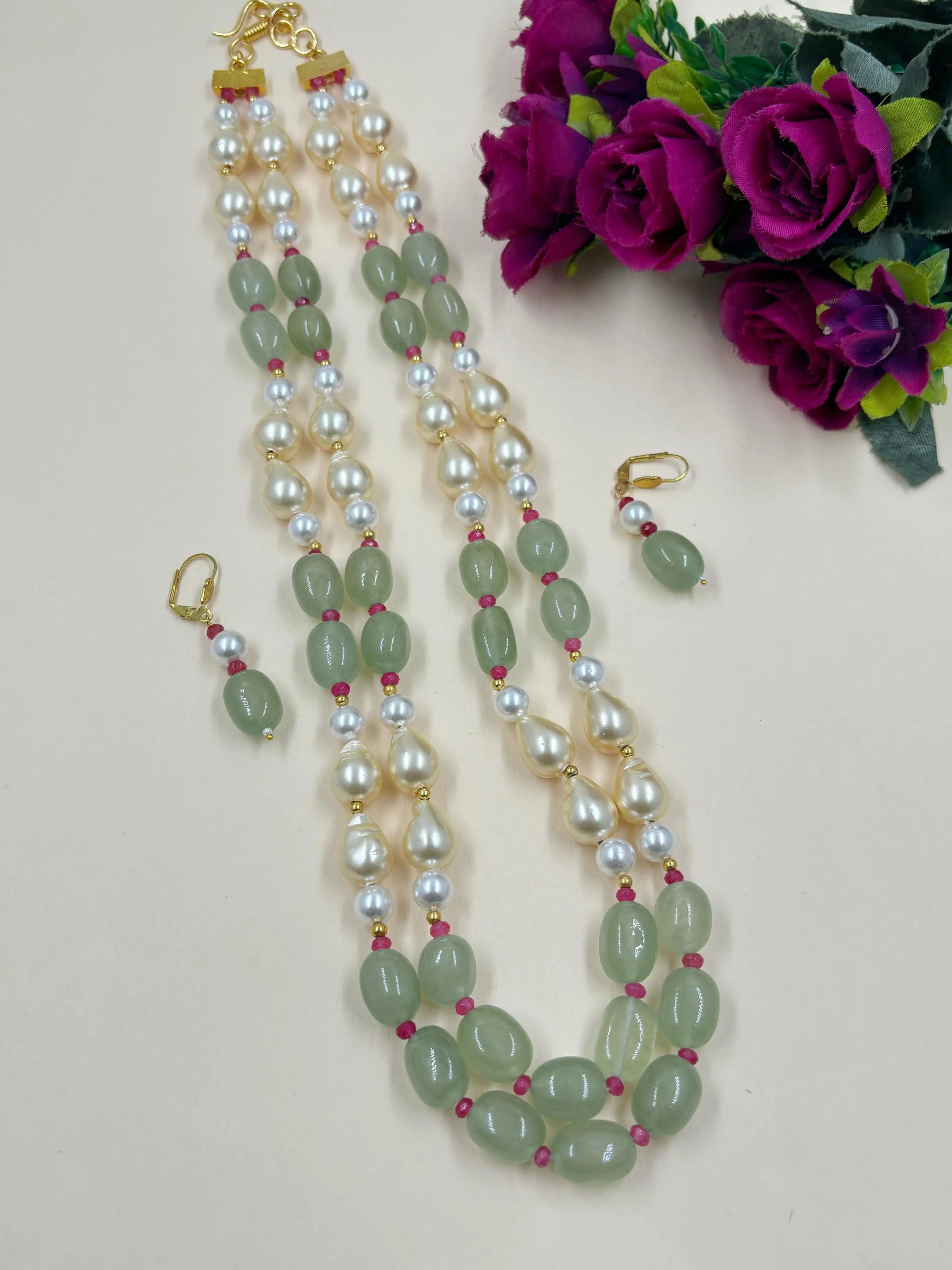 Designer Semi Precious Long Mint green Pearls And Gemstone Beaded Necklace set online