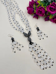 Designer Natural Long Rock Crystal Beaded Necklace Set With Tassels