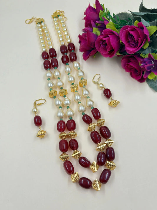 Contemporary Semi Precious Long Shell Pearls And Red Gemstone Beads Necklace