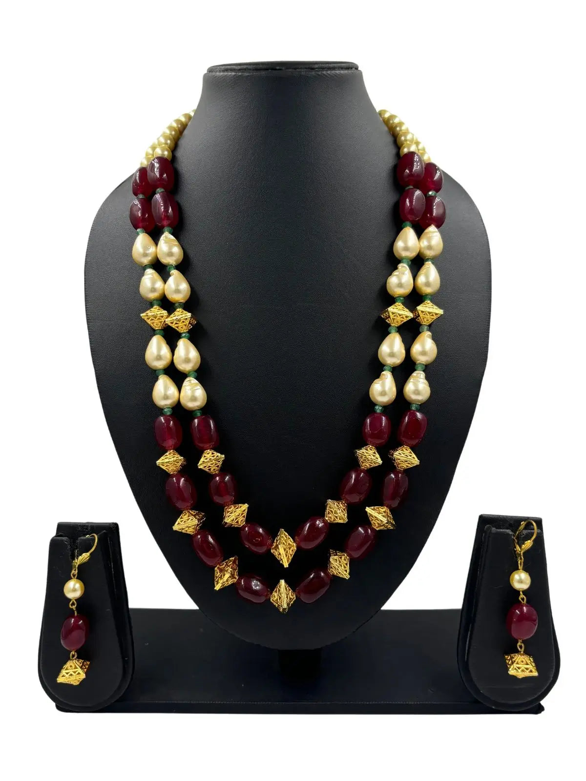 Contemporary Semi Precious Long Shell Pearls And Gemstone Red Beads Necklace