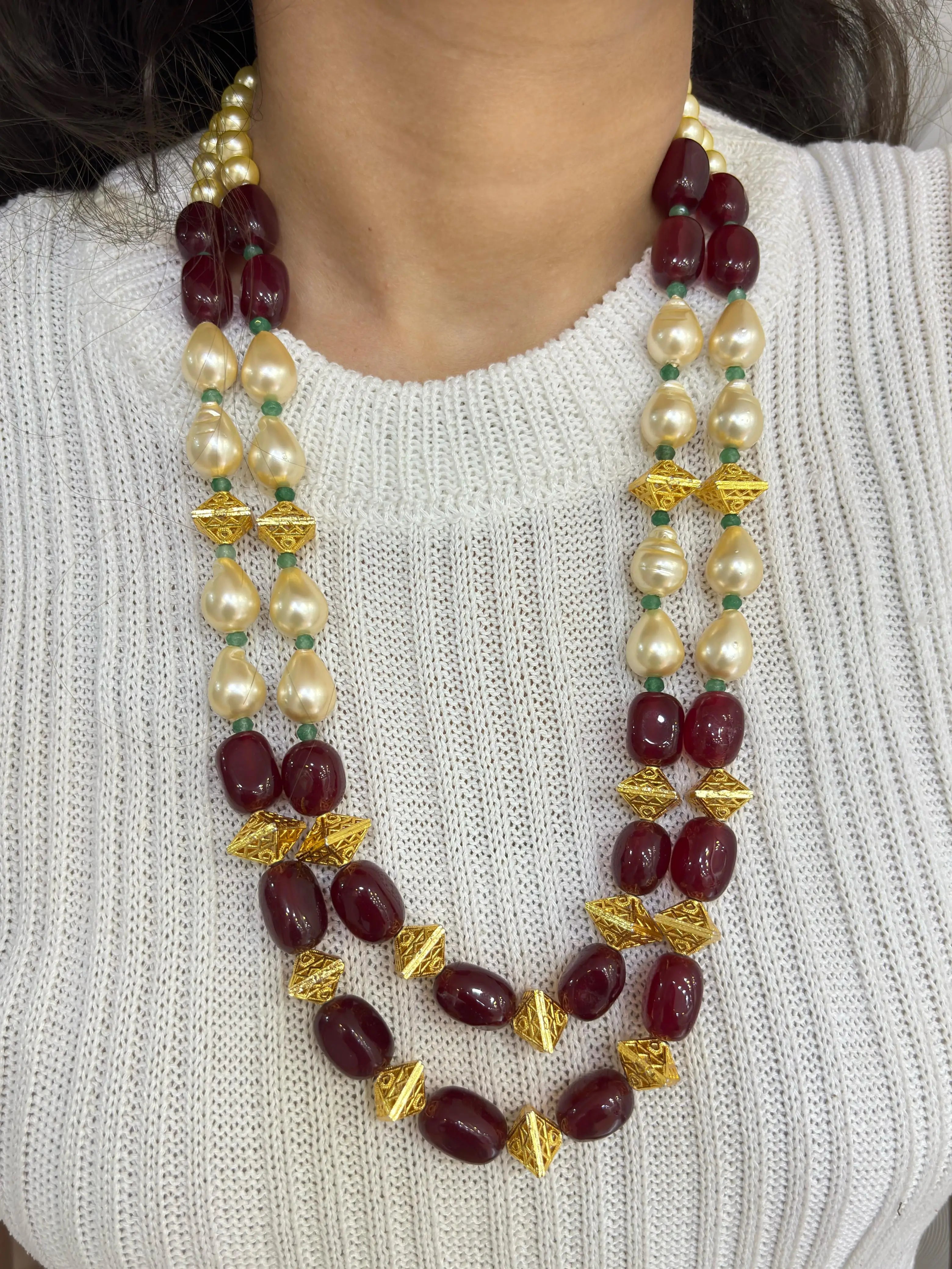 Contemporary Semi Precious Long Shell Pearls And Red Gemstone Beads Necklace