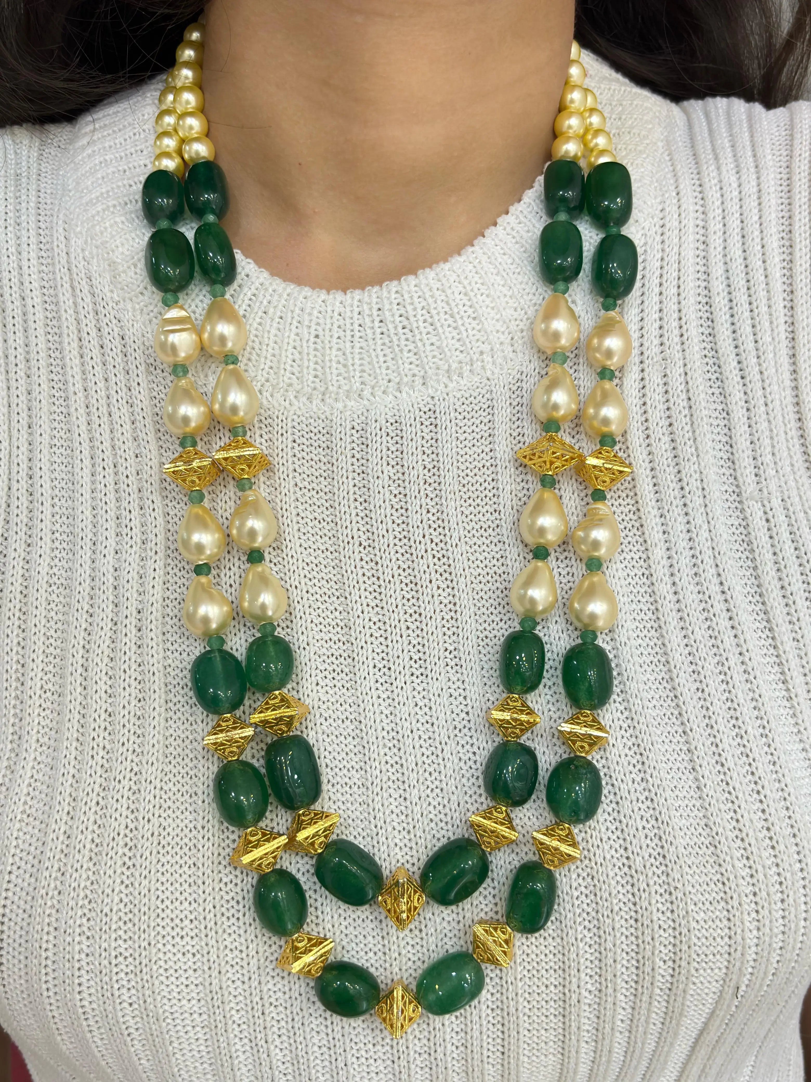 Contemporary Semi-Precious Long Shell Pearls and Gemstone Beads Necklace – Green Maroon by Gehna Shop Green