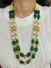 Contemporary Semi-Precious Long Shell Pearls and Gemstone Beads Necklace – Green & Maroon by Gehna Shop