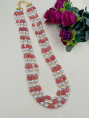 Semi Precious Unisex Triple Layered Long Pastel Peach Beads Necklace