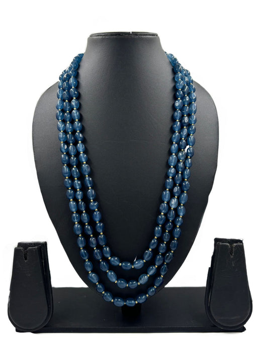 Unisex Semi-Precious Gemstone Triple-Layered Blue Jade Beads Necklace Set by Gehna Shop