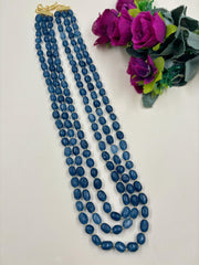 Semi Precious Gemstone Unisex Triple Layered Blue Beads Necklace