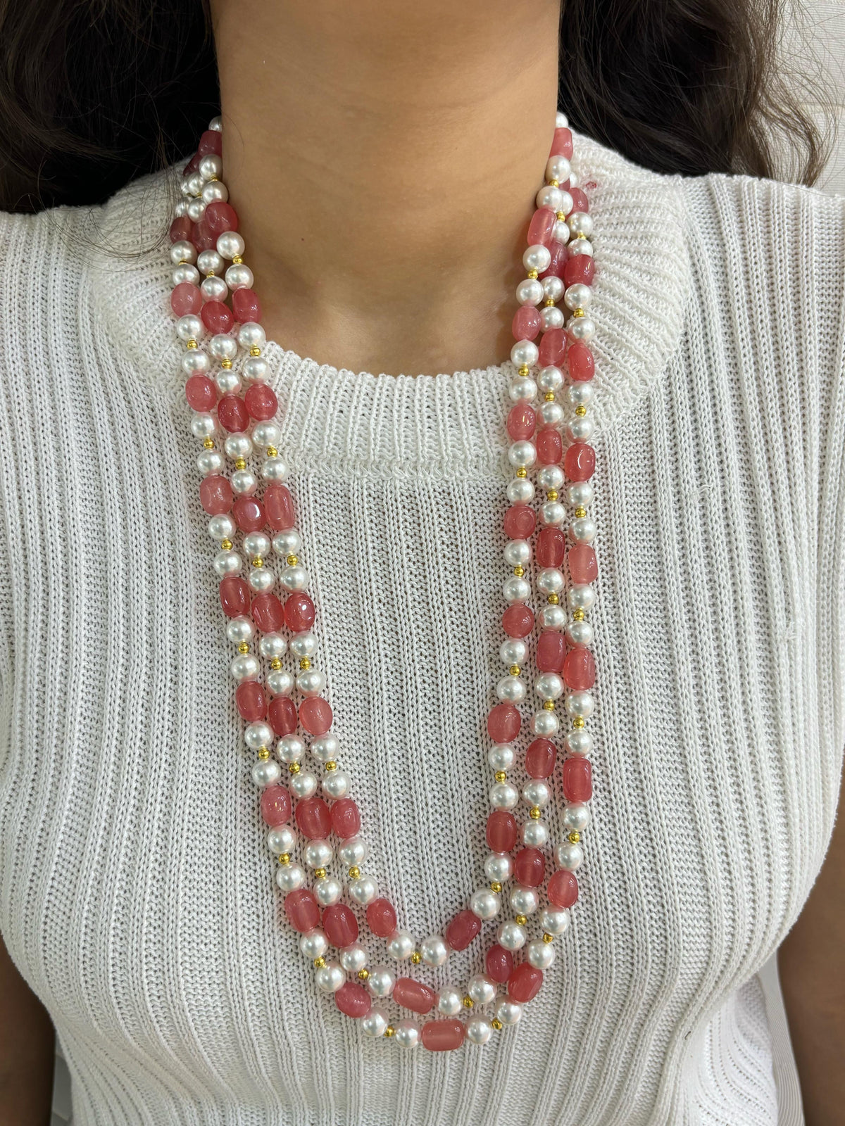 Semi Precious Unisex Triple Layered Long Pastel Peach Beads Necklace