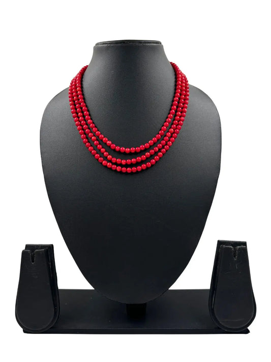 Triple Layered Coral Red Beads Necklace