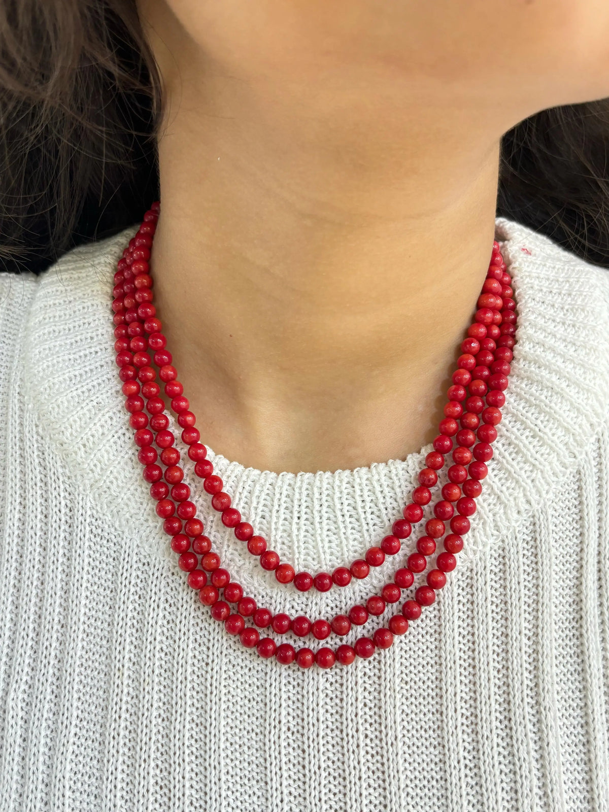 Triple Layered Coral Red Beads Necklace