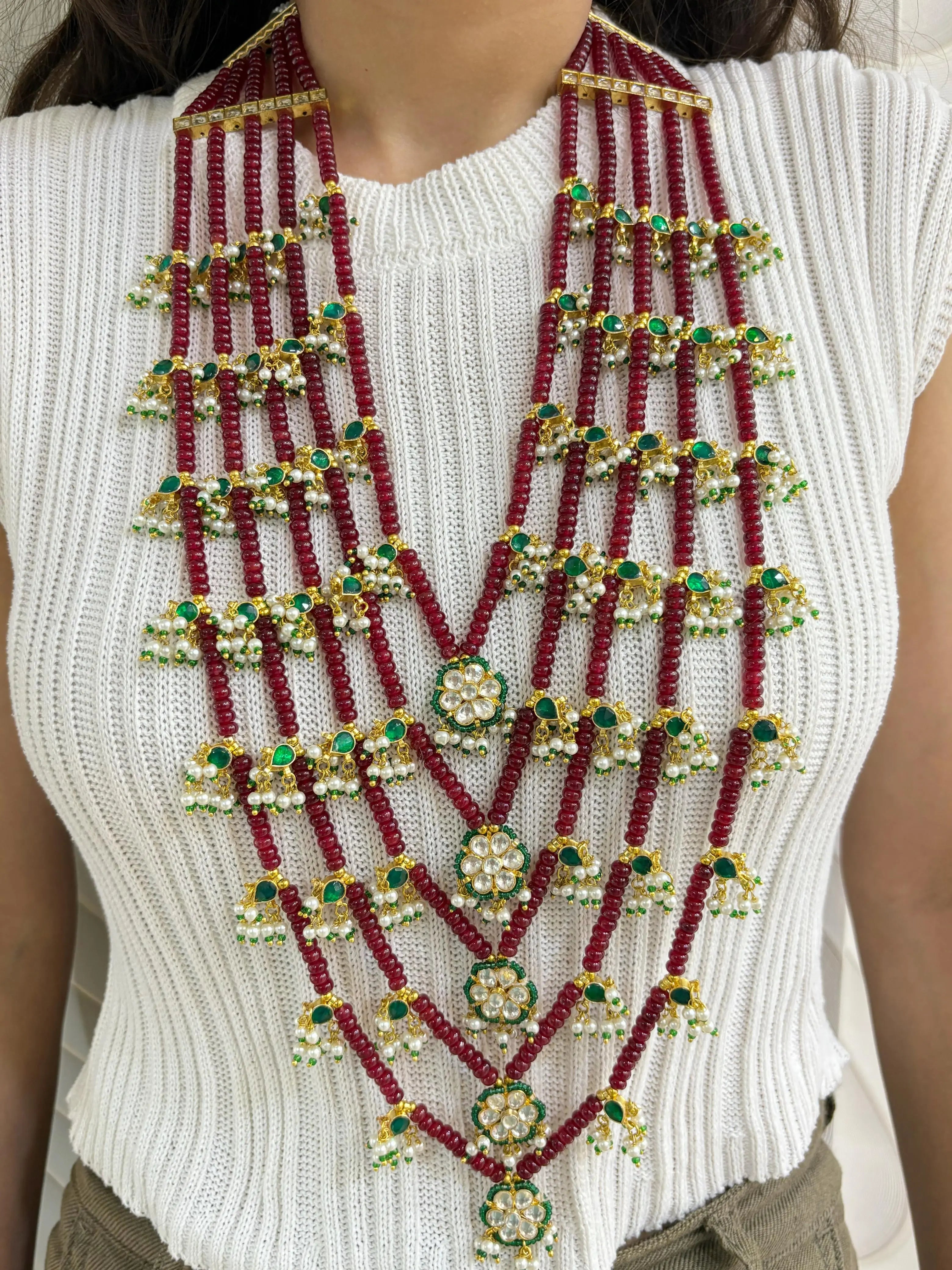 Designer Long Five Layered Beads Kundan Ranihaar Necklace