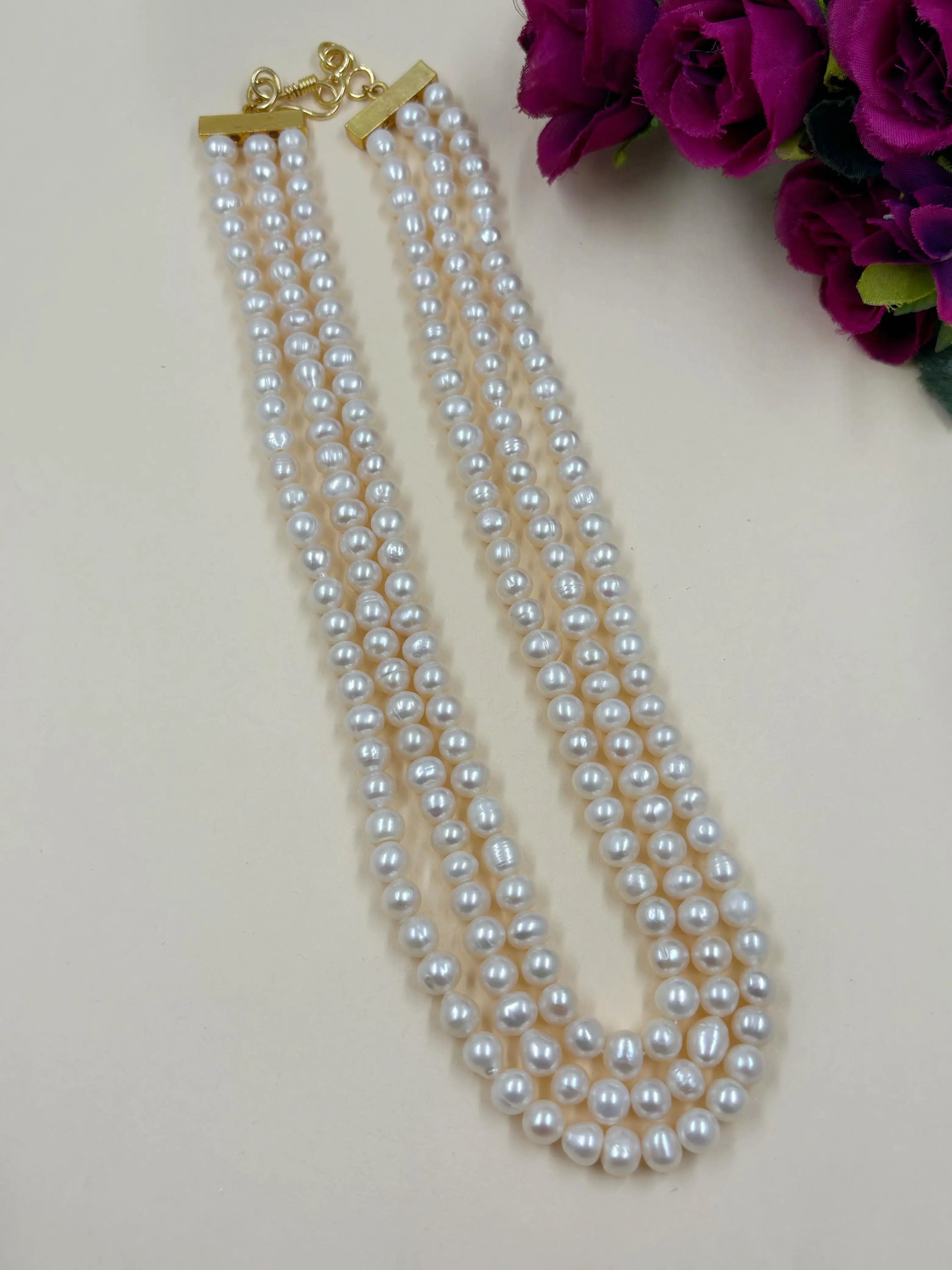 Triple Layered Original Real Fresh Water Pearls Beaded Necklace