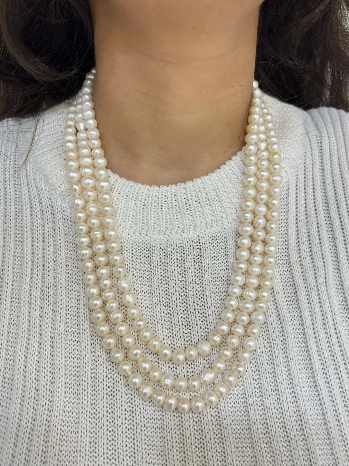 Triple Layered Original Real Fresh Water Pearls Beaded Necklace