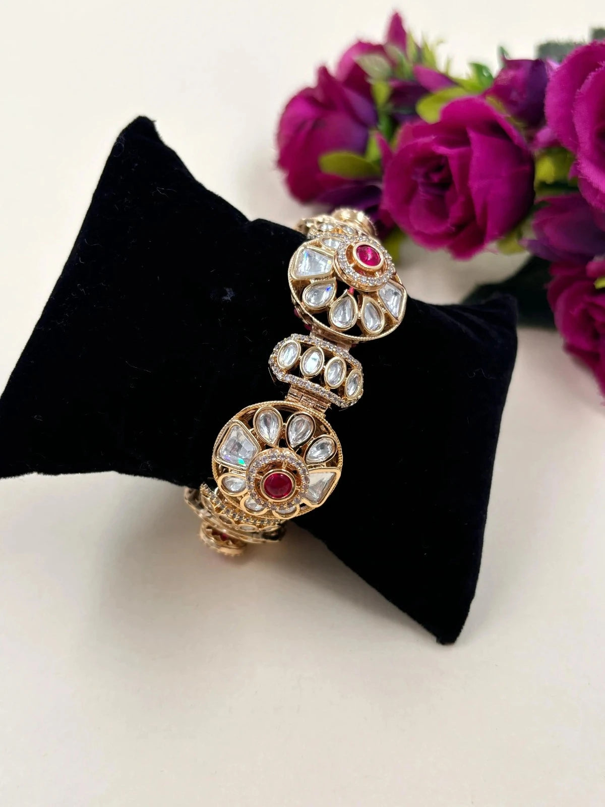 Radhika Beautiful Rose Gold Finish Kundan Polki Gajra Bracelet For Ladies Ruby Pink