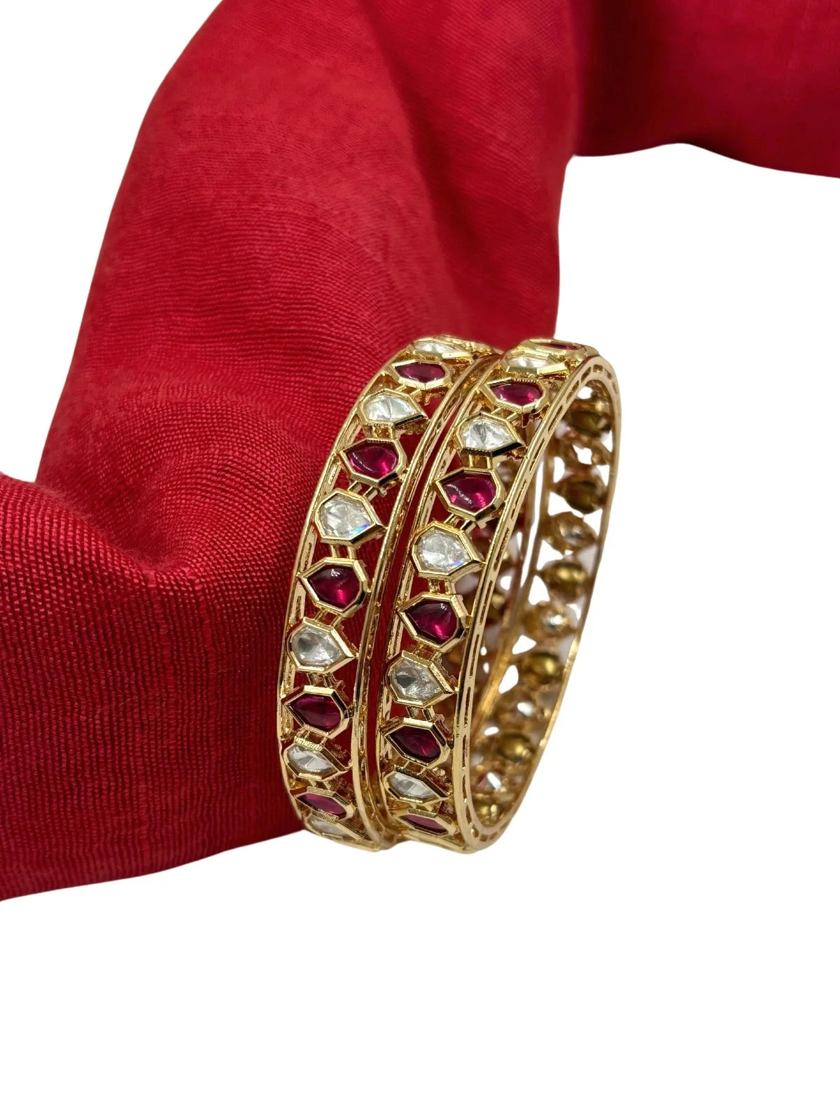 Ajitha Rose Gold Finish Thin Ruby Stone Kundan Polki Bangles Online for women