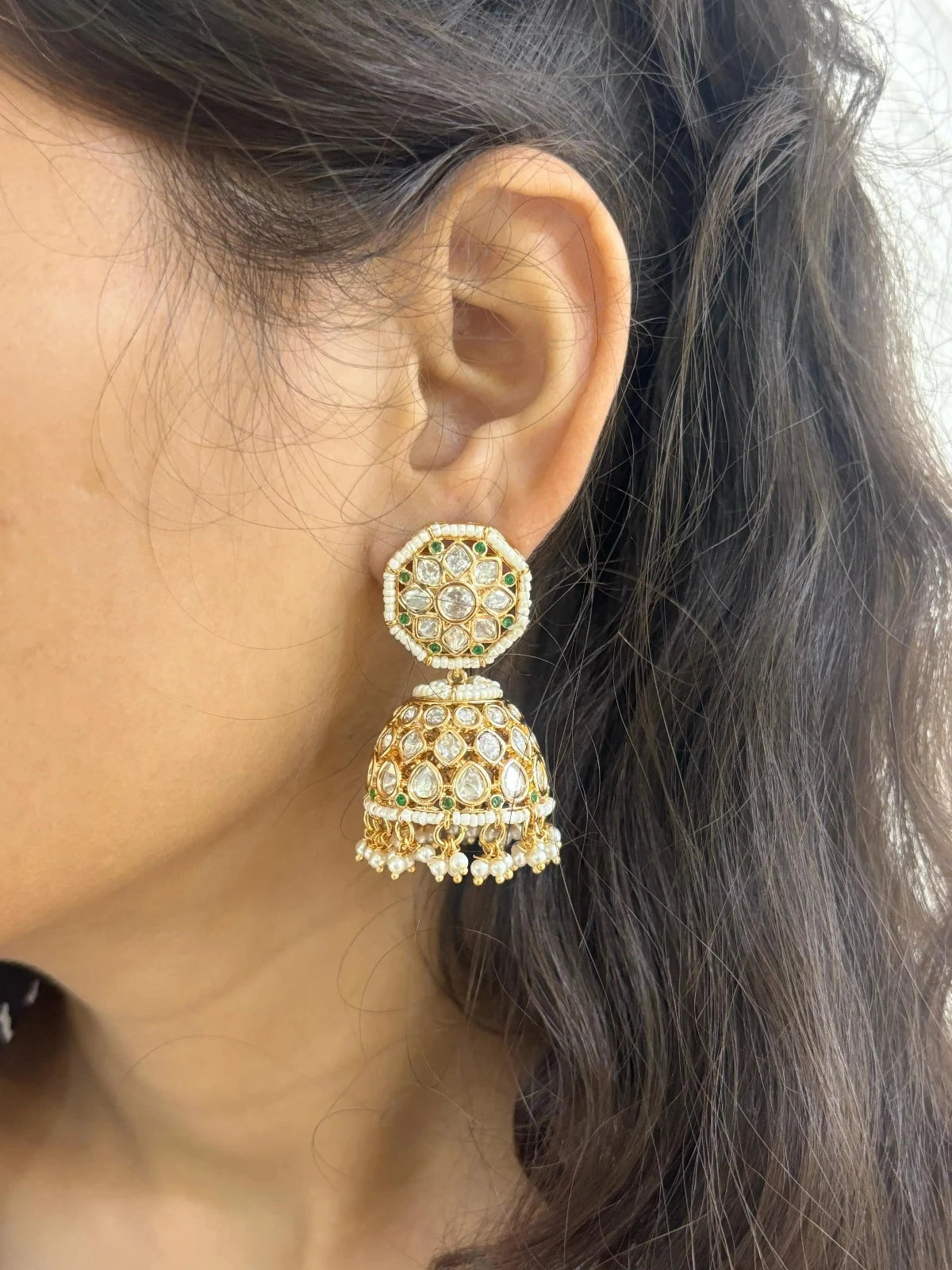 Kaashi Rose Gold Polish Green Kundan Polki Jhumka Earrings For women Online 