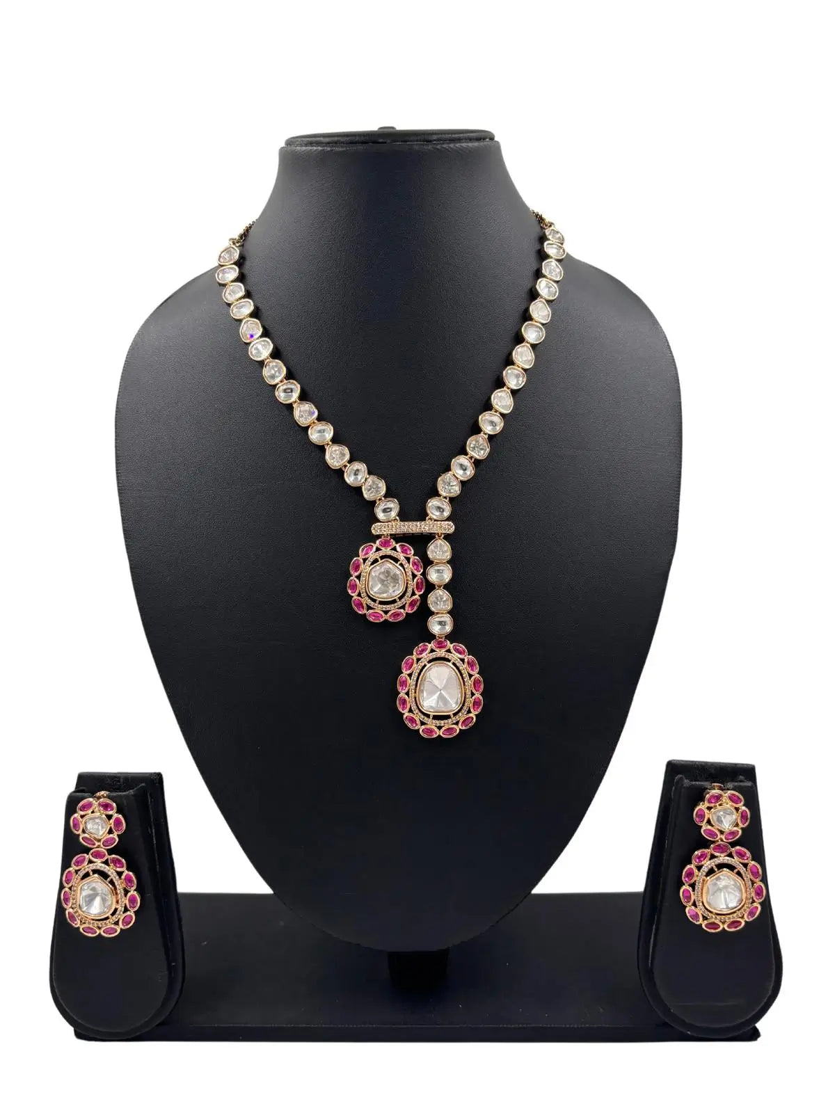 Viviana Rose Gold Finish Modern Look Ruby Pink Party Wear Polki Necklace Set for Indian and western wear 