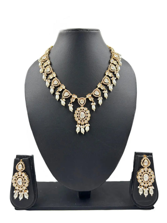 Anisha Rose Gold Finish Polki Kundan Jewellery Necklace Set with pearl Beads Drops 