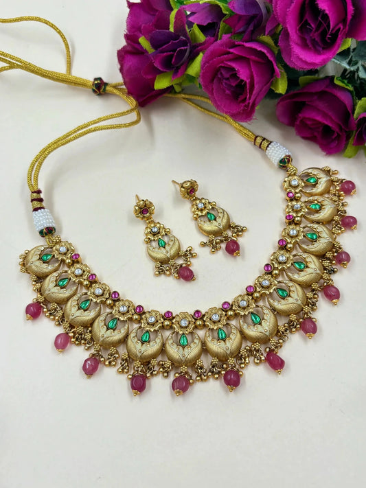 Mohini Beautiful Floral Design Antique Gold Necklace Set online for women