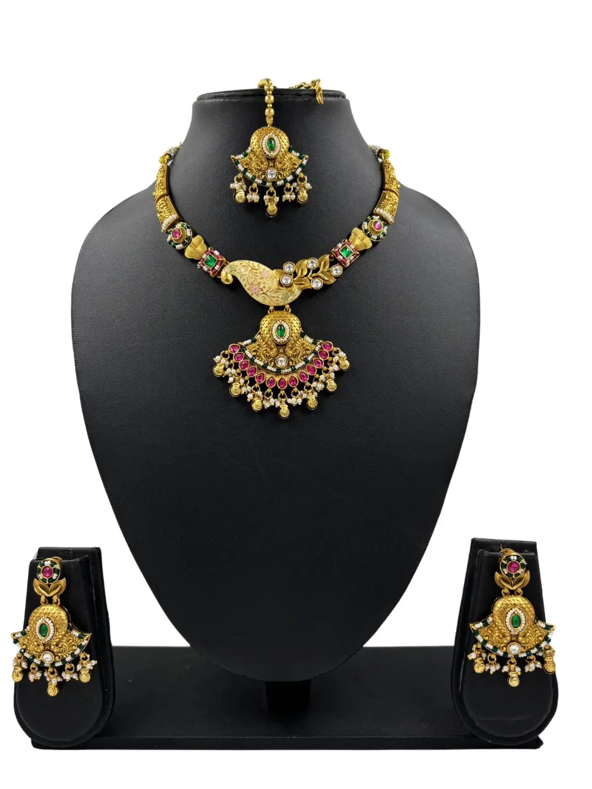 Mannat Beautiful Wedding Wear Antique Gold Necklace Set With Tikka