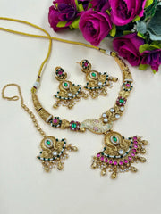 Mannat Beautiful Wedding Wear Antique Gold Necklace Set With Tikka