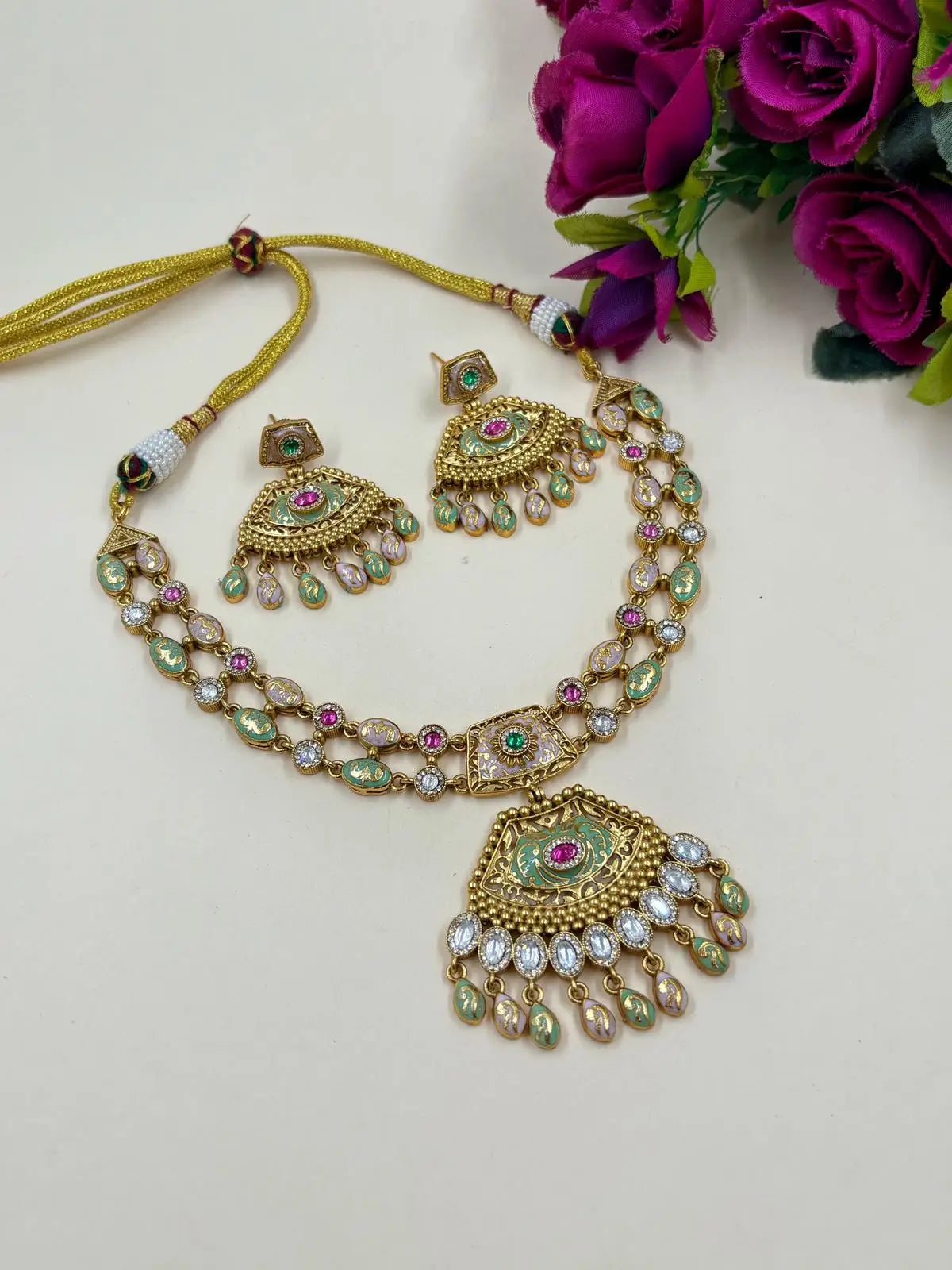 Tanushree Pastel Meenakari Artificial Antique Gold Necklace Set  Online For Women 