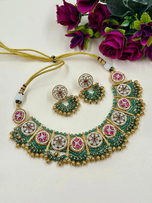 Ananta Designer Green Antique Kundan Gold Jewellery Necklace Set