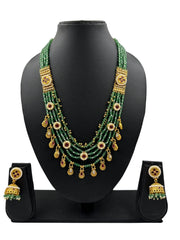 Designer Long Antique Jewellery Necklace Set With Green Beads online for women