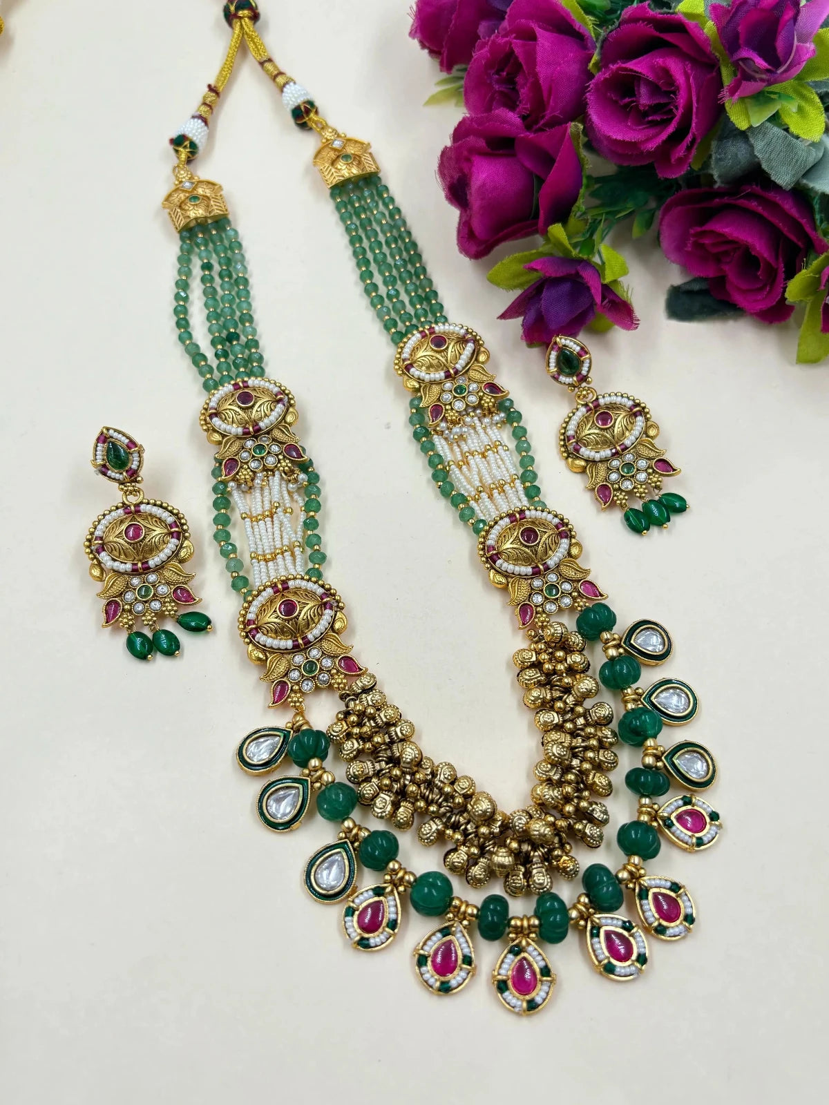 Traditional Indian Antique Kundan Necklace Set With Green Beads online for weddings and parties 