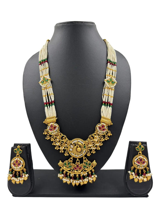 Madhulika Long Antique Gold Jewellery Necklace Set With Pearls handcrafted for weddings 