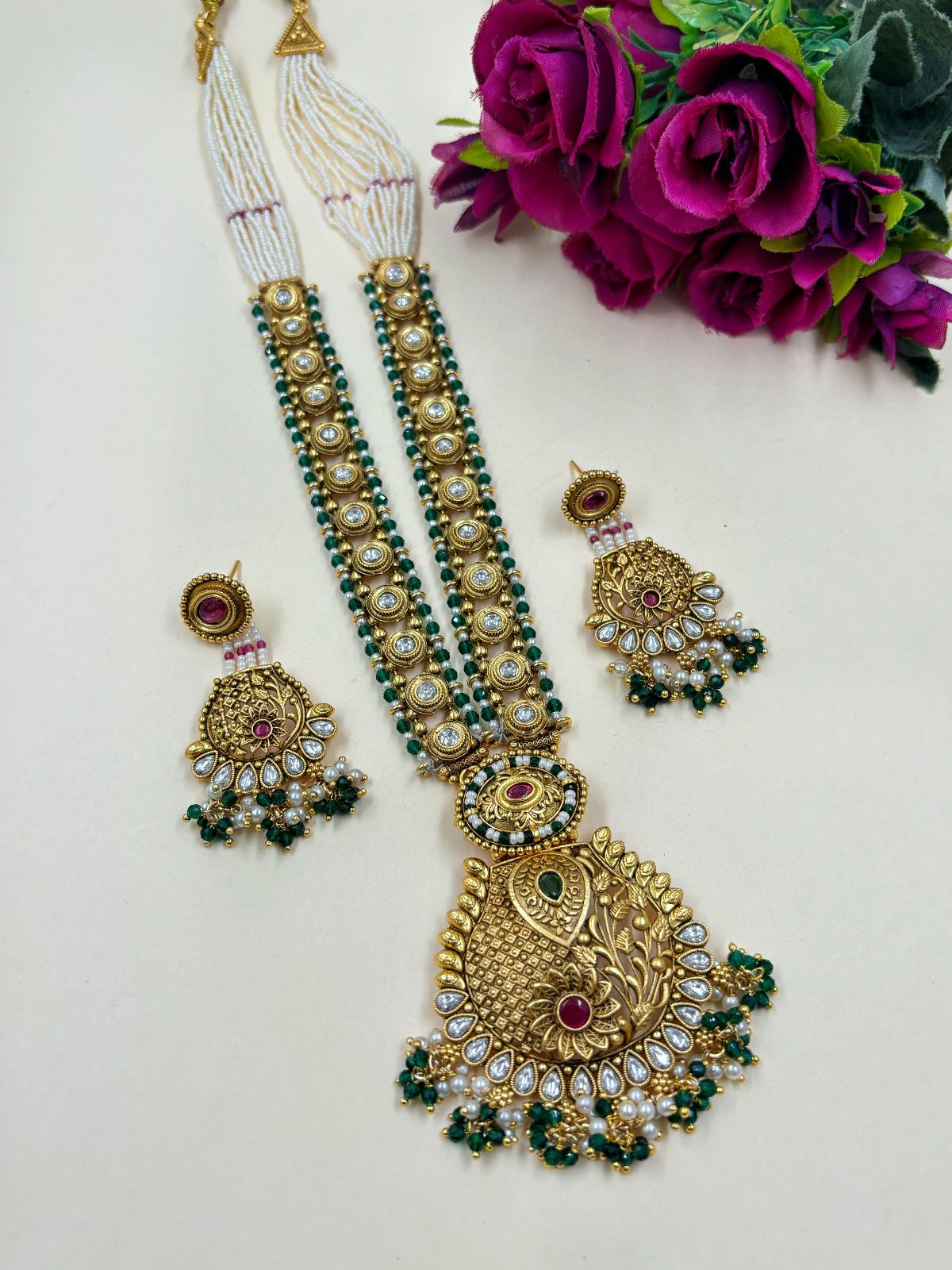 Traditional Women Long Antique Golden Kundan Necklace Set  for women 