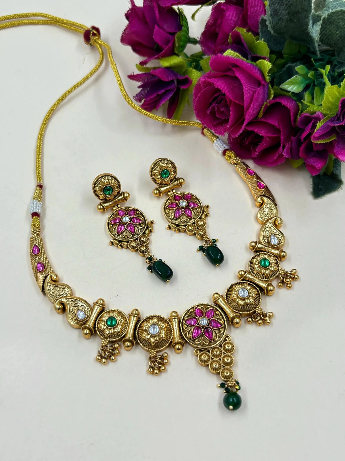 Traditional Women's Short Artificial Antique Gold Necklace Set  for women 