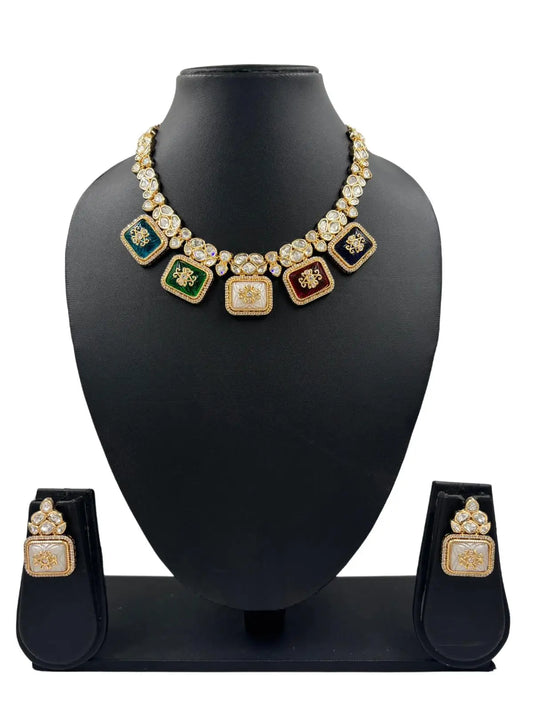 Tejaswini Beautiful Modern Uncut Kundan Polki Stone Necklace Set with multi color stones 