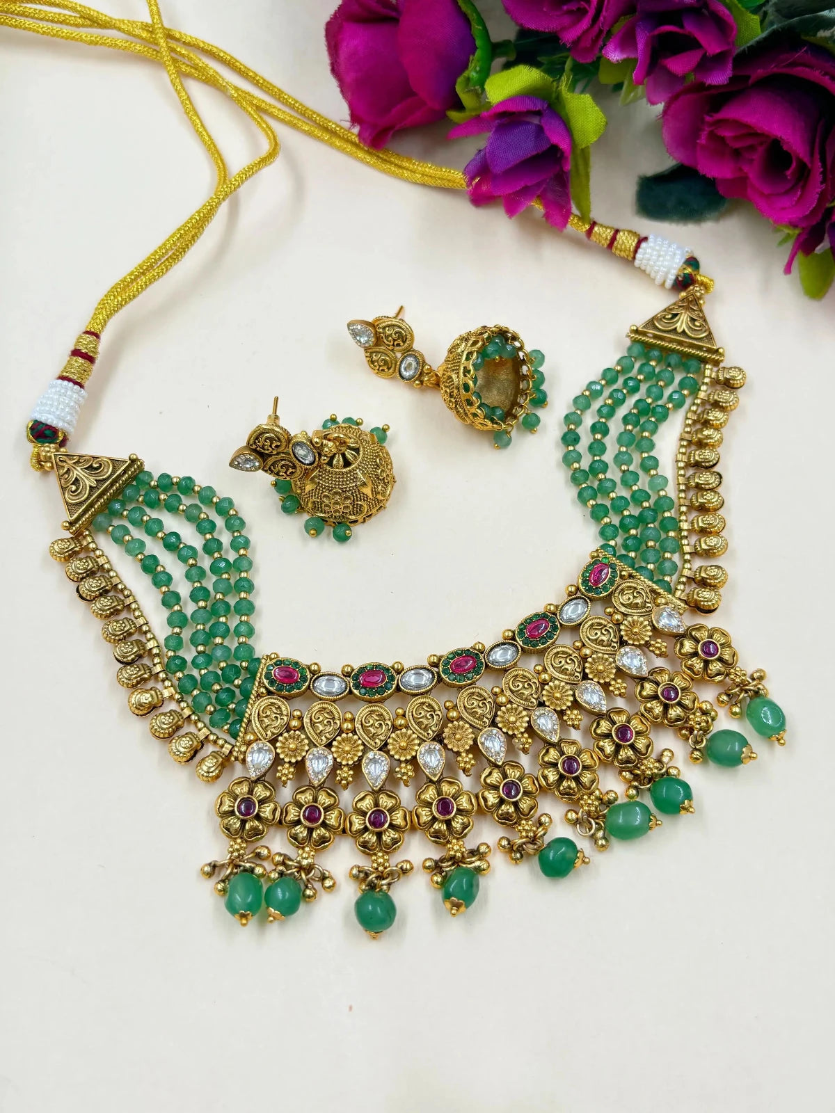 Antique Green Kundan Beaded Choker Necklace Set for weddings and parties 