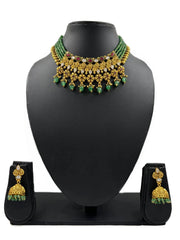 Antique Green Kundan Beaded Choker Necklace Set for weddings and parties 