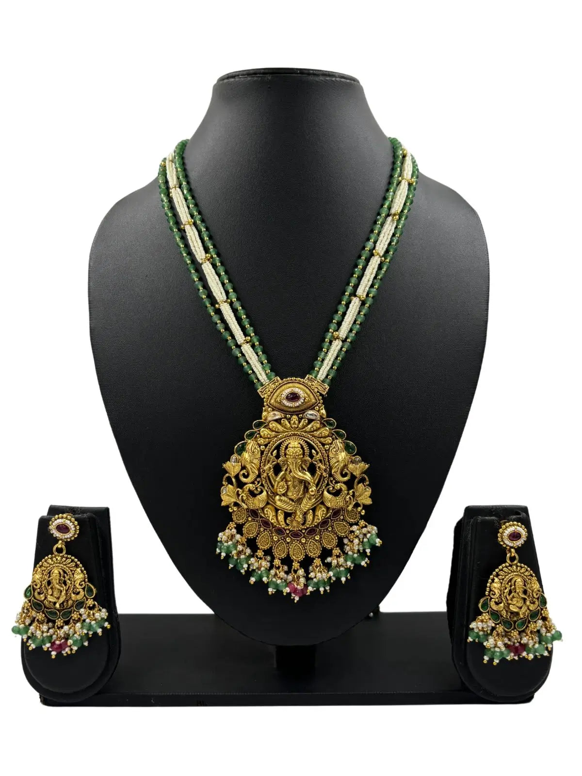 South  Indian Antique Long Lord Ganpati Temple Jewellery Necklace Set 