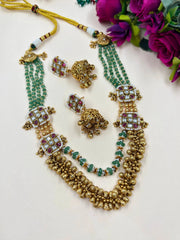 Traditional Short Antique Green Beaded Jewellery Set With Ghungroo