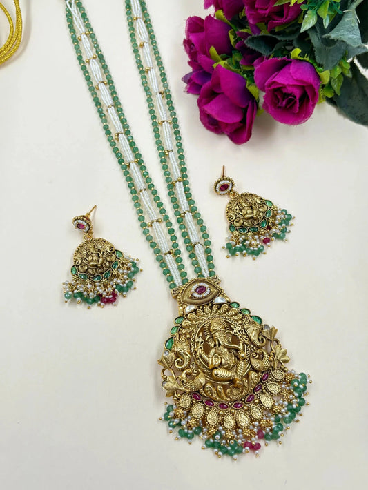 South  Indian Antique Long Lord Ganpati Temple Jewellery Necklace Set 