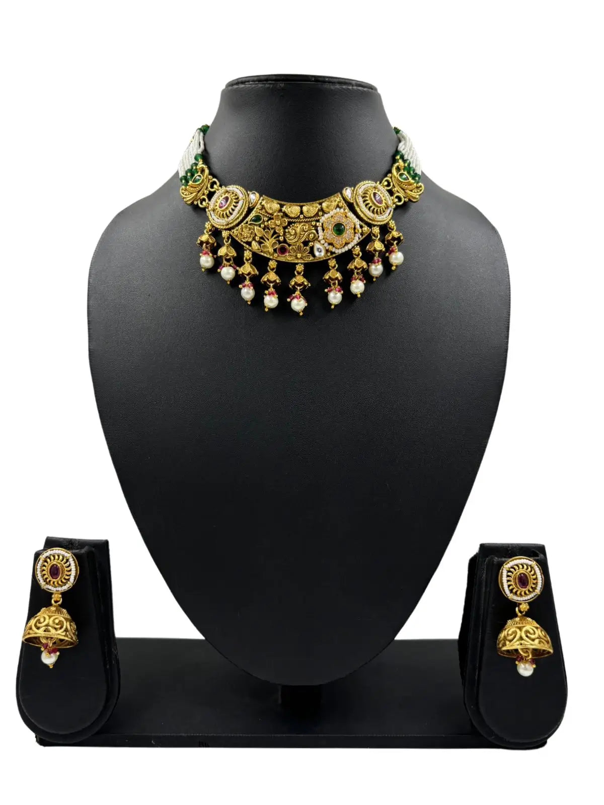 Ethnic Womens Gold Plated Antique Gold Choker Necklace Set 