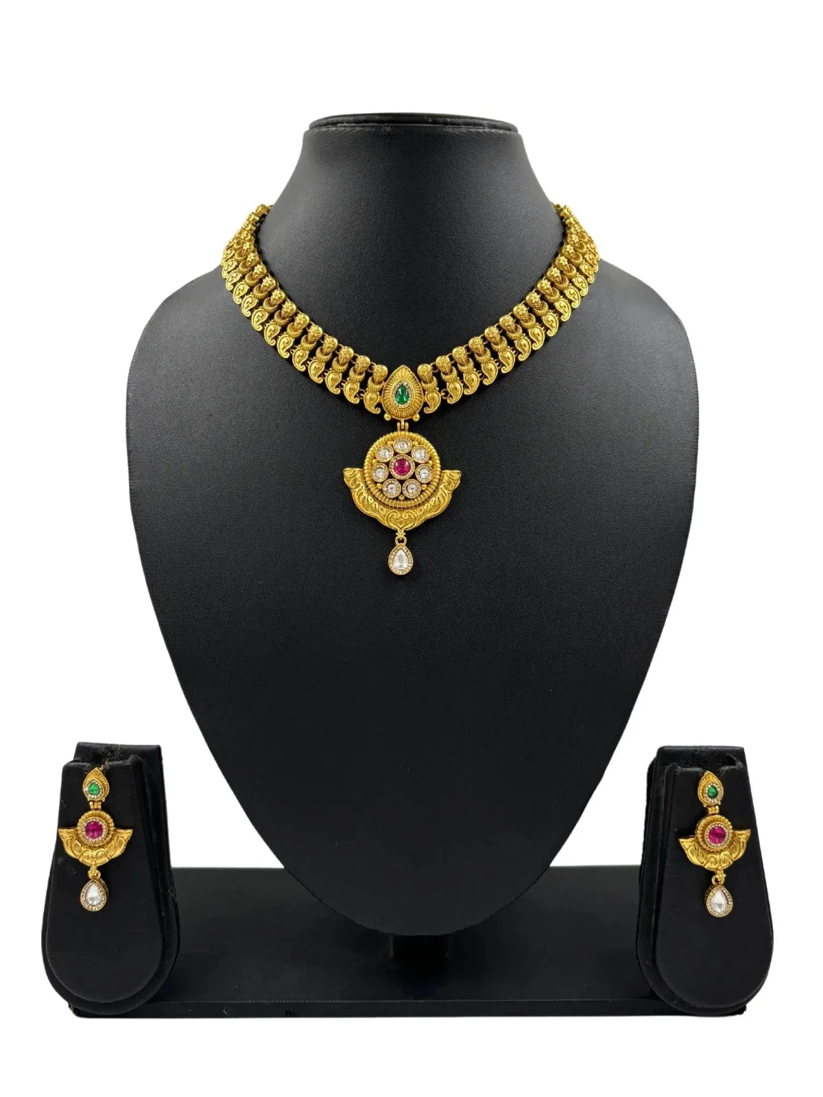 Traditional Gold Plated Short Antique Gold Necklace Set 