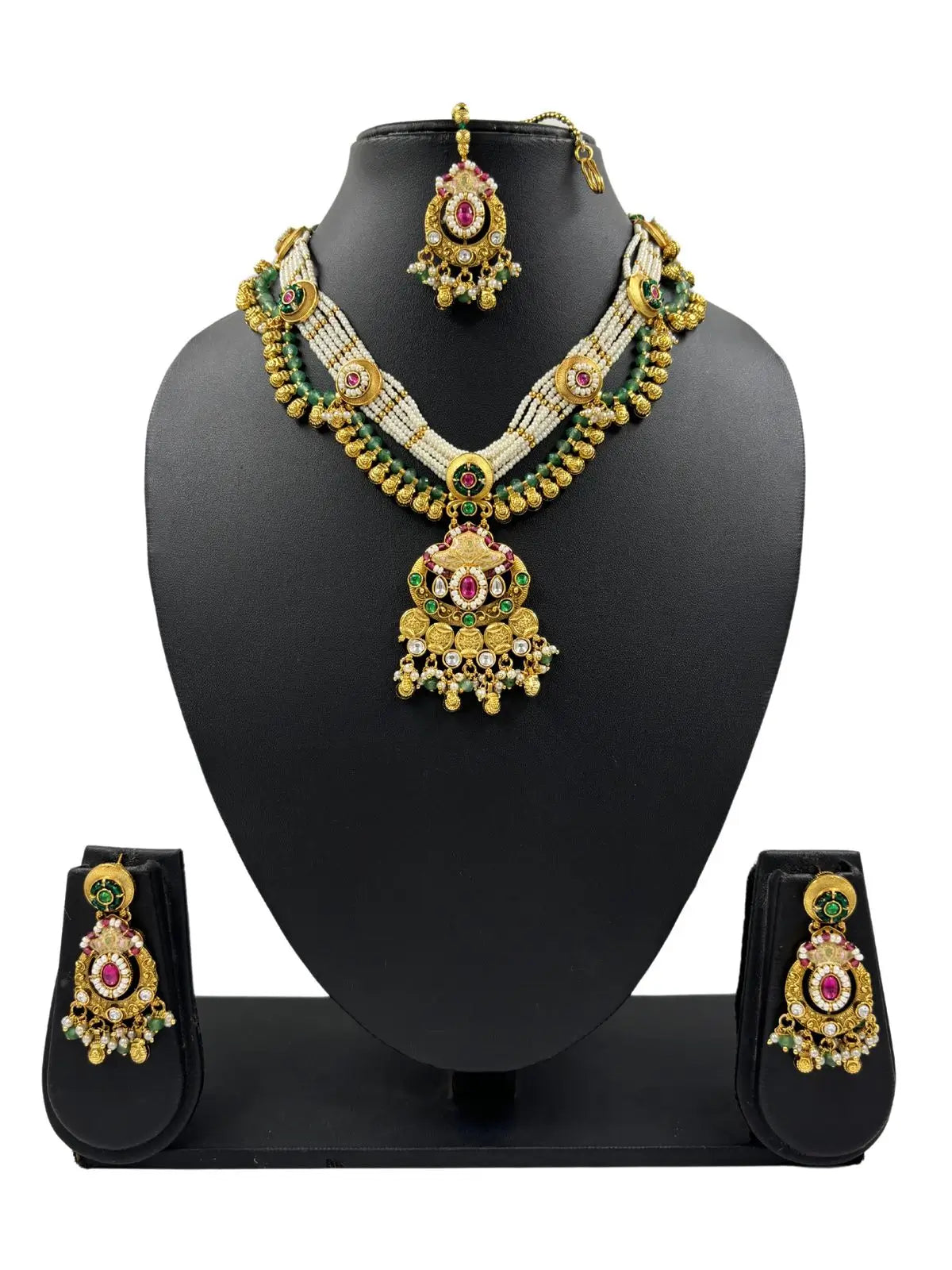 Traditional Designer Green Antique Gold Jewellery Set With Tikka  online handcrafted for weddings and parties 