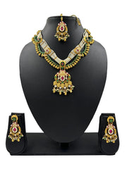 Traditional Designer Green Antique Gold Jewellery Set With Tikka  online handcrafted for weddings and parties 