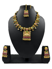 Saabia Gold Plated Wedding Wear Antique Gold Jewellery Necklace Set With Tikka 