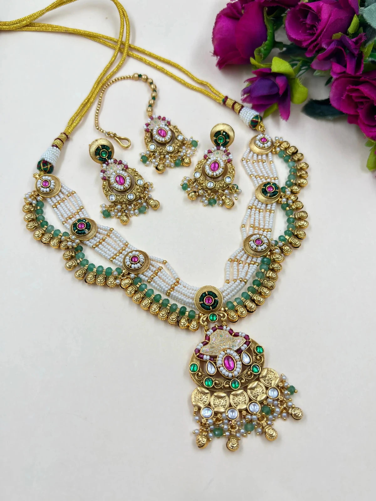 Traditional Designer Green Antique Gold Jewellery Set With Tikka  online handcrafted for weddings and parties 