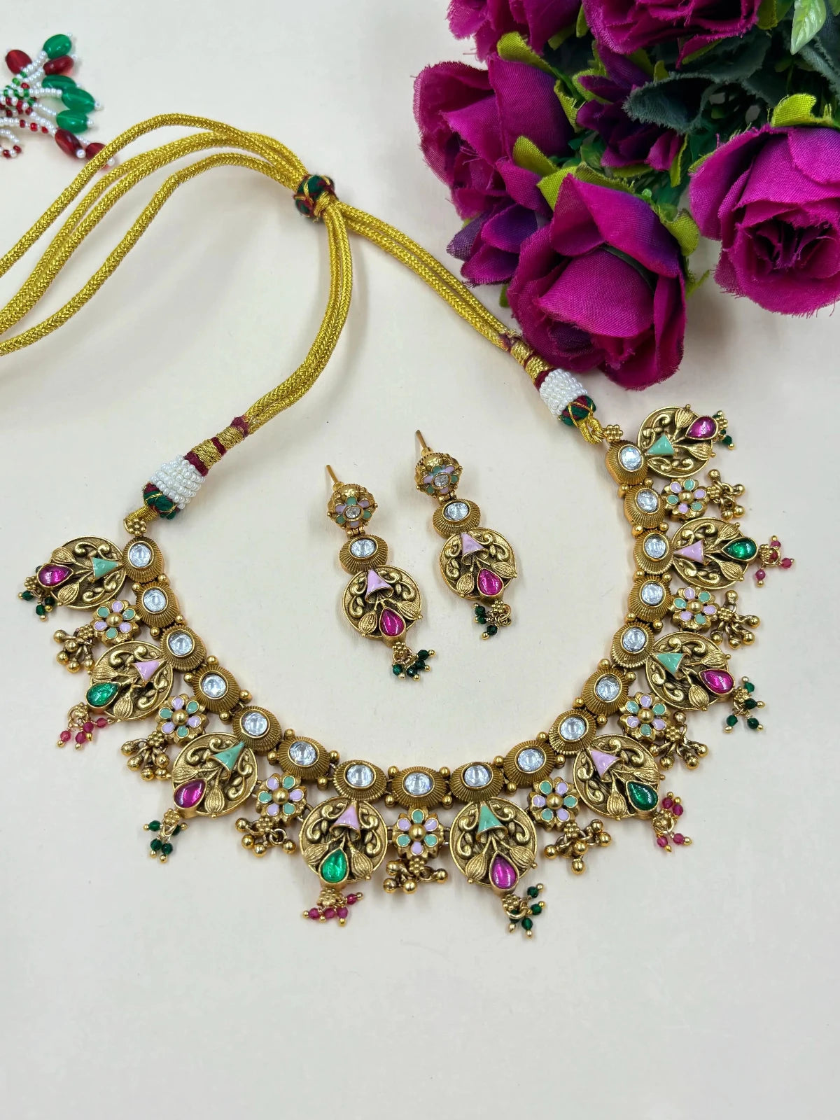 Designer Artificial Short Antique Gold Necklace Set With Meenakaari