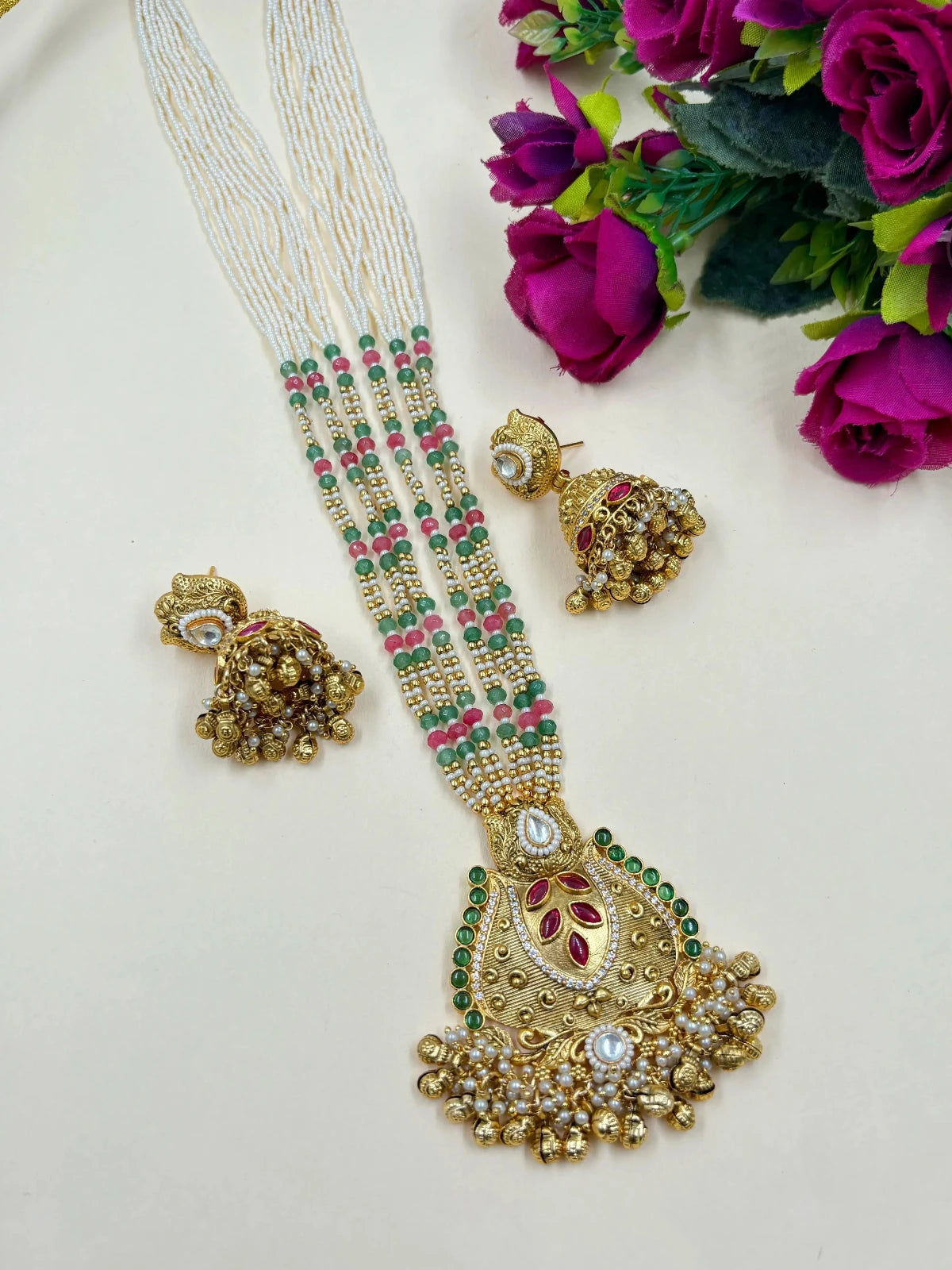 Arpita Party Wear Long Antique Gold Pendant Necklace Set 