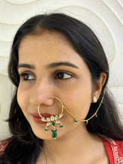 Designer Rose Gold Finish Green Polki Kundan Nath | Nose Ring For Weddings