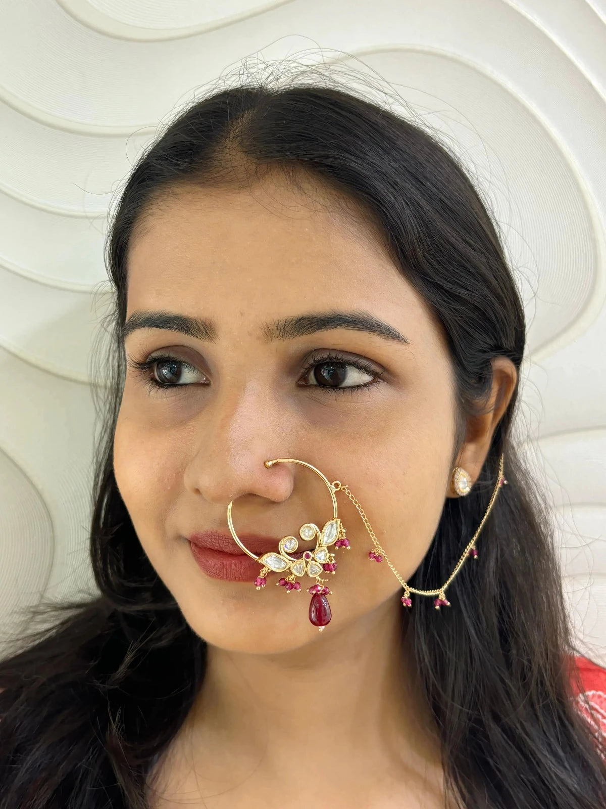 Traditional Rose Gold Finish Red Kundan Nath Nose Ring For Women online.